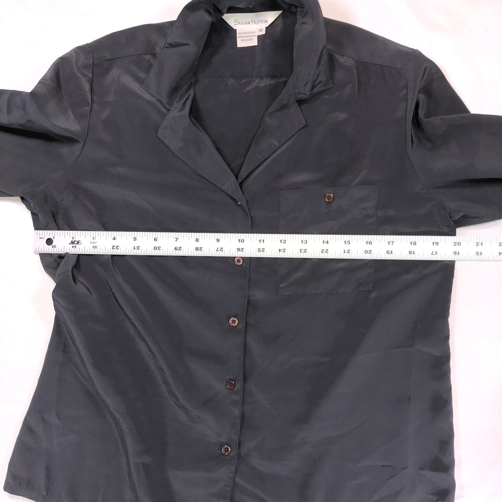 Vintage Susan Hutton Charcoal Gray Button Down Blouse Long Sleeve Pocket Size 10