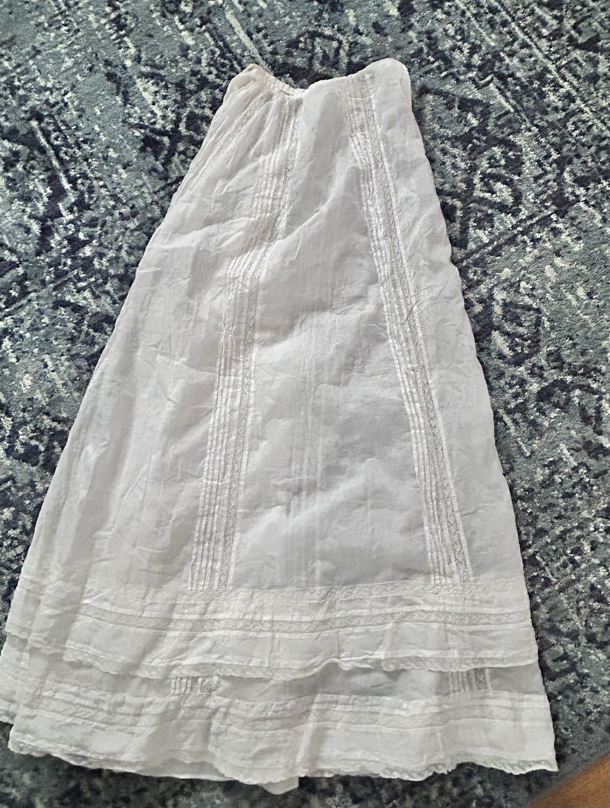 ANTIQUE FRENCH LONG EDWARDIAN WHITE COTTON PETTICOAT SKIRT 22″ WAIST 41″L