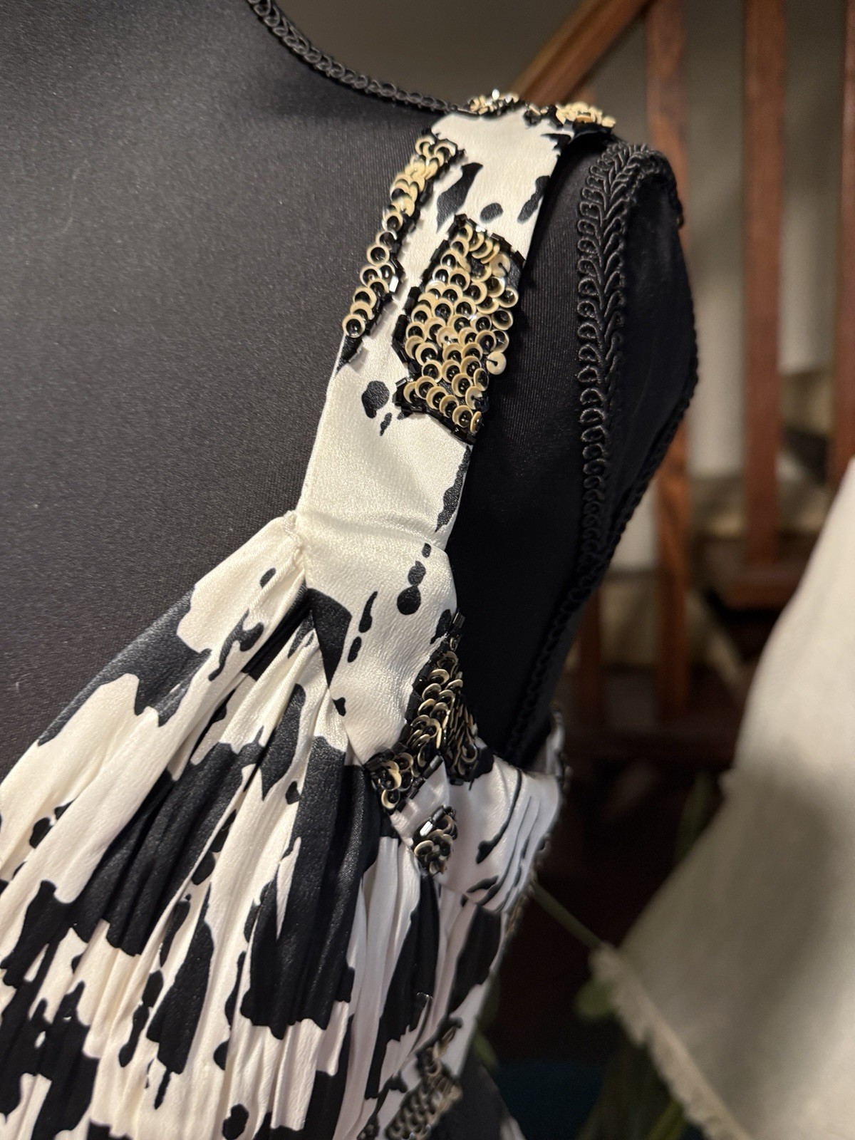 Vintage Black White Beaded Backless Evening Gown Silk Twill Handmade