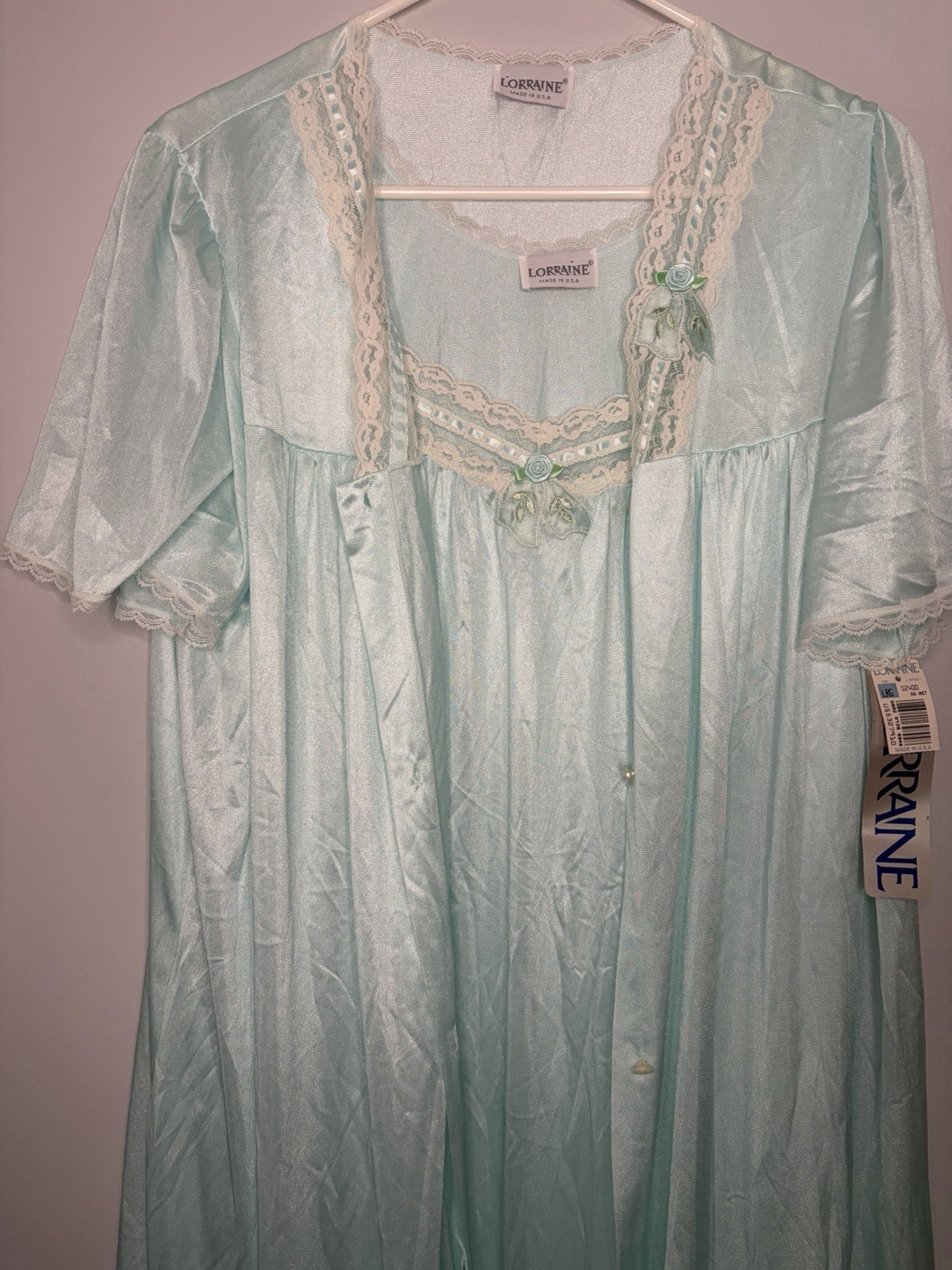 Vintage Lorraine Peignoir Set Nightgown Pale Blue Floral And Lace Detail NWT L