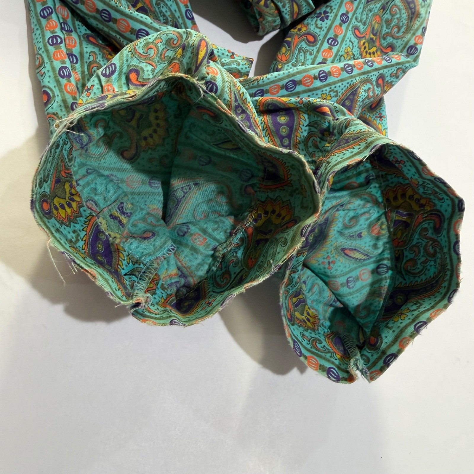 50s 60s Crop Top Teal Paisley 3/4 Sleeve Tie Hem Sz 32 DISTRESSED AS IS