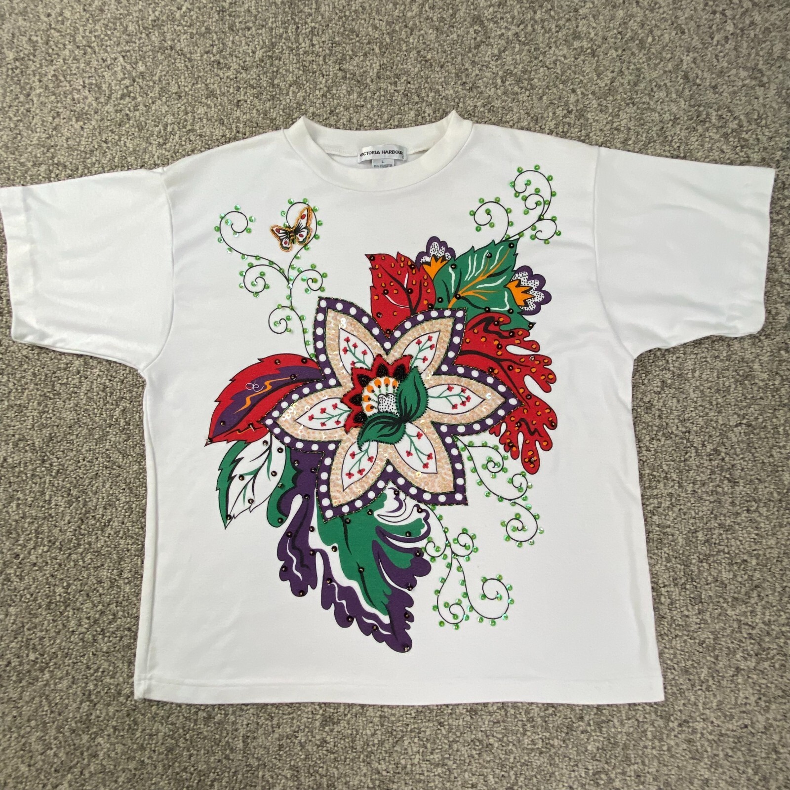 Vintage Victoria Harbour Shirt Womens Large Multicolor Floral Embellished Tee