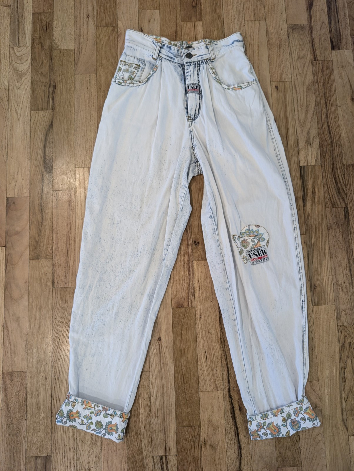 Vtg GET USED by ELIE High Waist Floral Patches Acid Wash Mom Jeans Streetwear 90