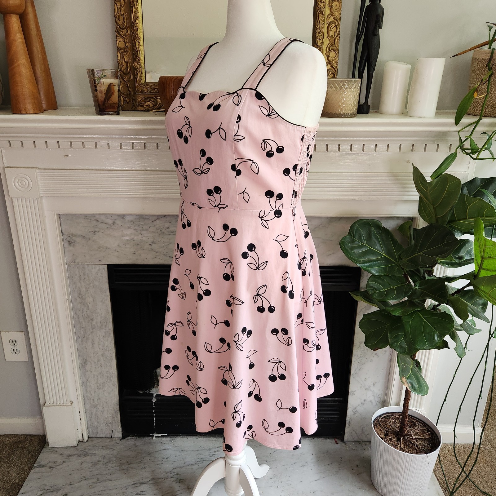 Vintage 90s Pink Cherry Print Dress Sz 12 Black Rockabilly Pinup Twee Retro