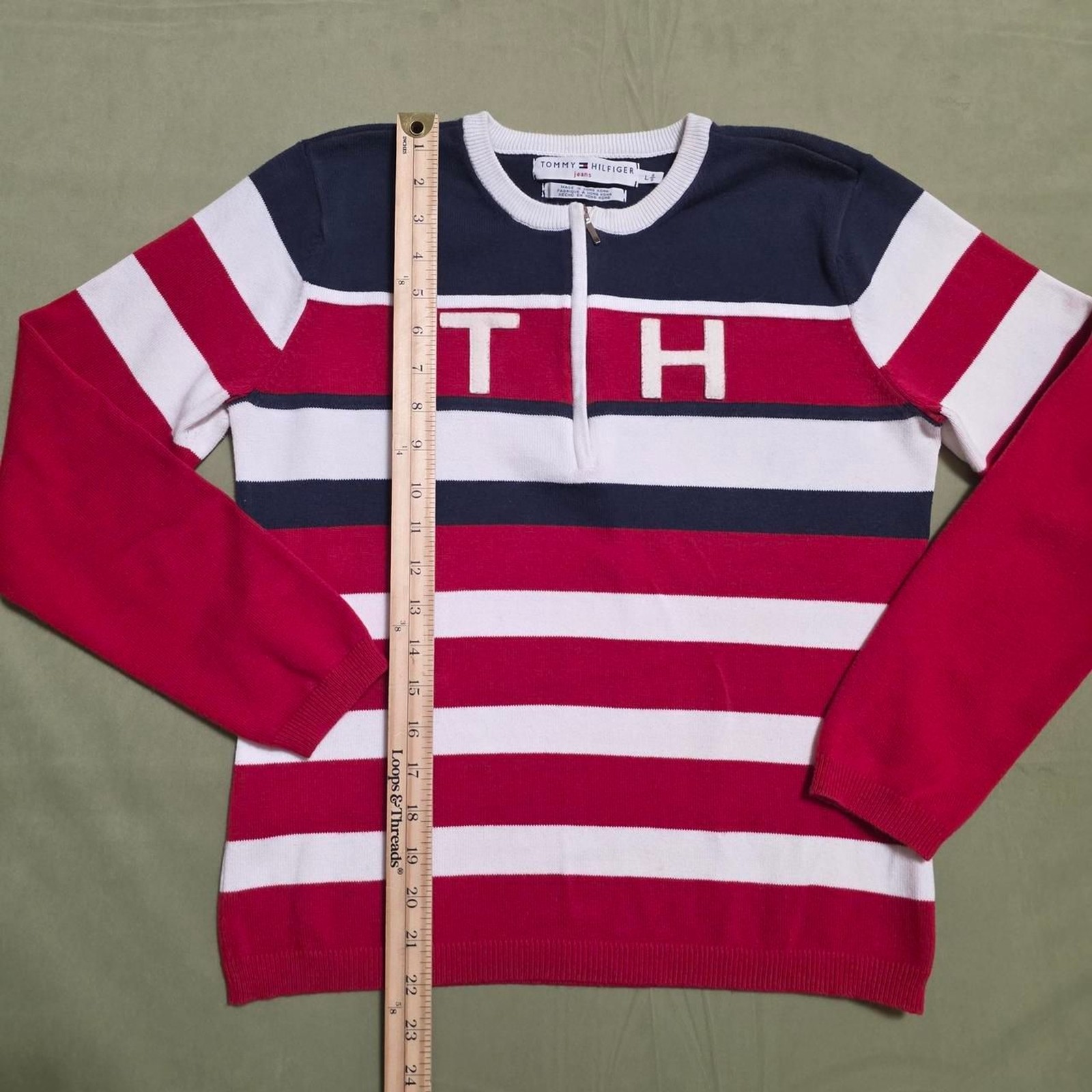 Vintage 90s Tommy Hilfiger Striped Quarter-Zip Sweater Size L Made in HK