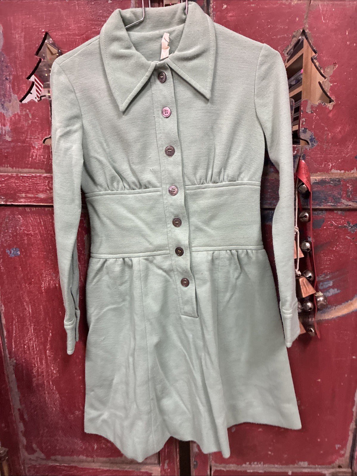 Vintage 1950s-1970s Women’s Mint Green Button-Front Long Sleeve Dress Waist 26