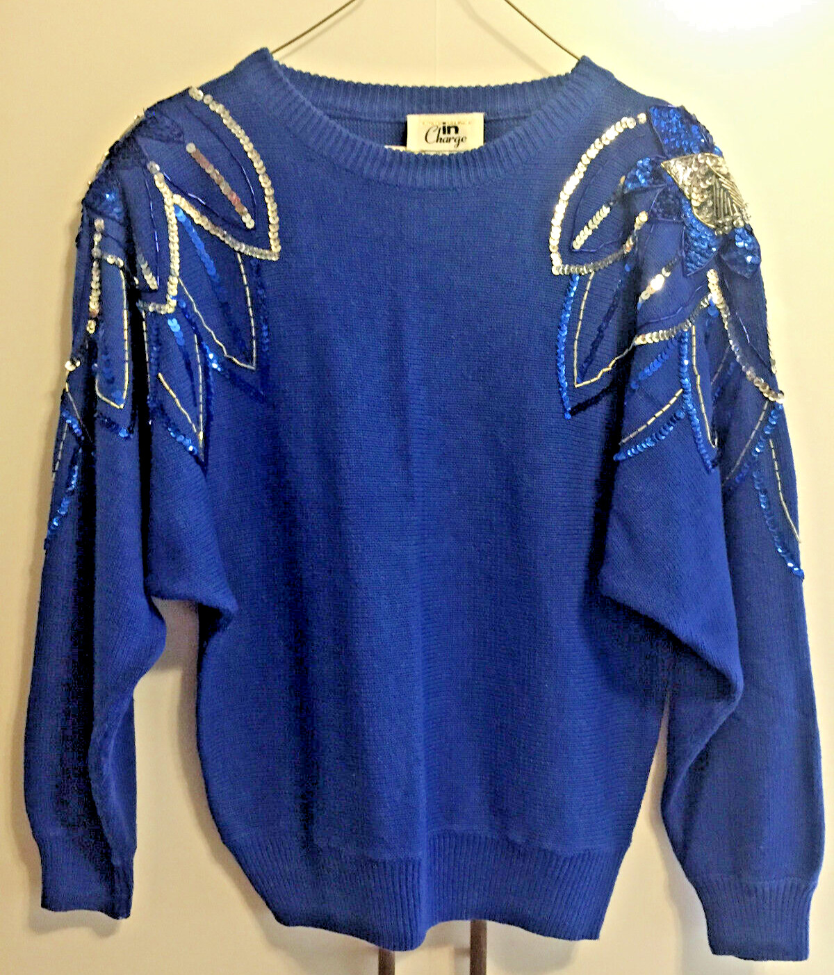 VTG IN CHARGE ROYAL BLUE SEQUIN BEAD SHOULDER TRIM COTTON+ SWEATER sz S 1980s
