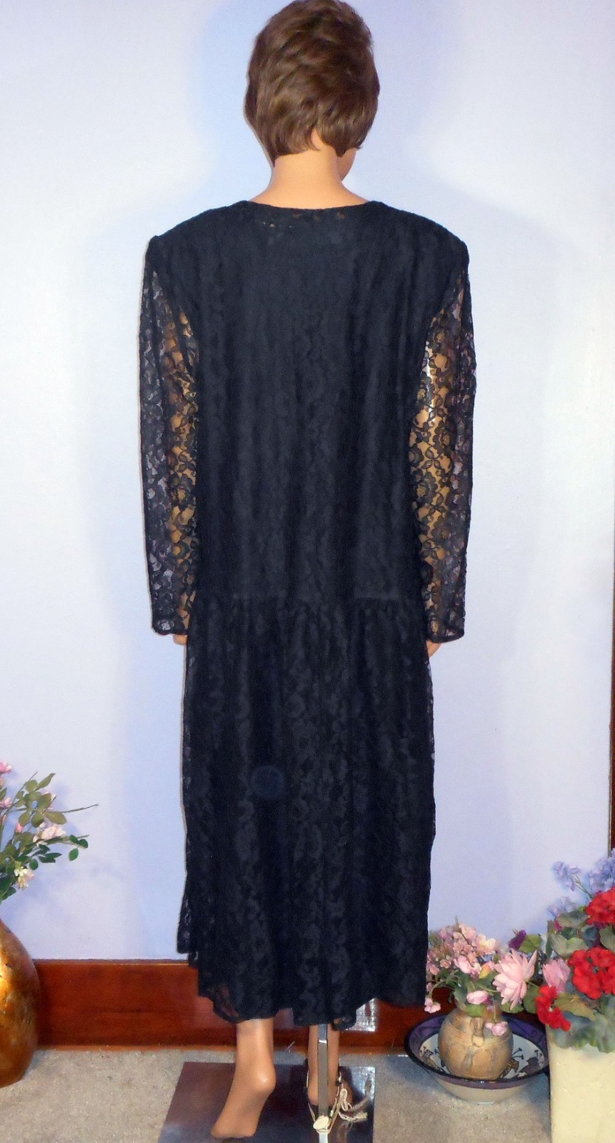 Vtg ‘80s Witchy Lacy Kathyrn Deene Dress w Drop Waist & Shoulder Pads, 22