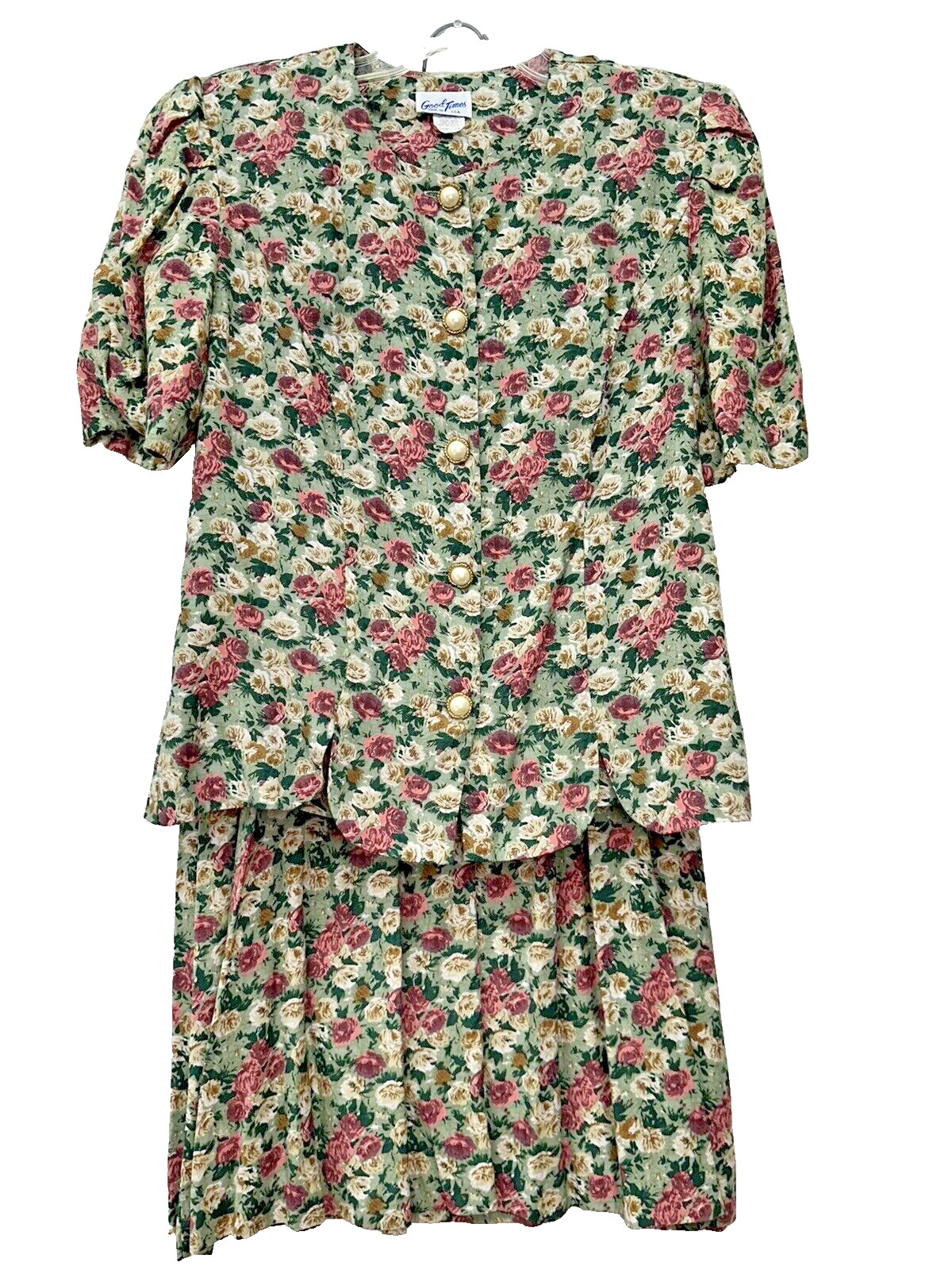 GOOD TIMES 2-PIECE FLORAL SKIRT W/TOP SUIT SZ 10 GREEN MAUVE ROSES VINTAGE PEARL