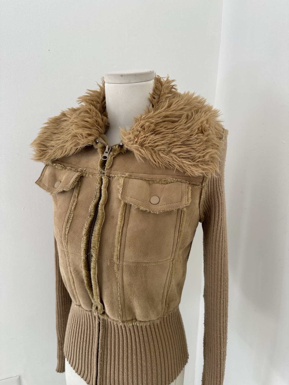 Vintage Y2K Faux Fur/Suede Ribbed Knit Flattering Zip Jacket Almost Famous Core