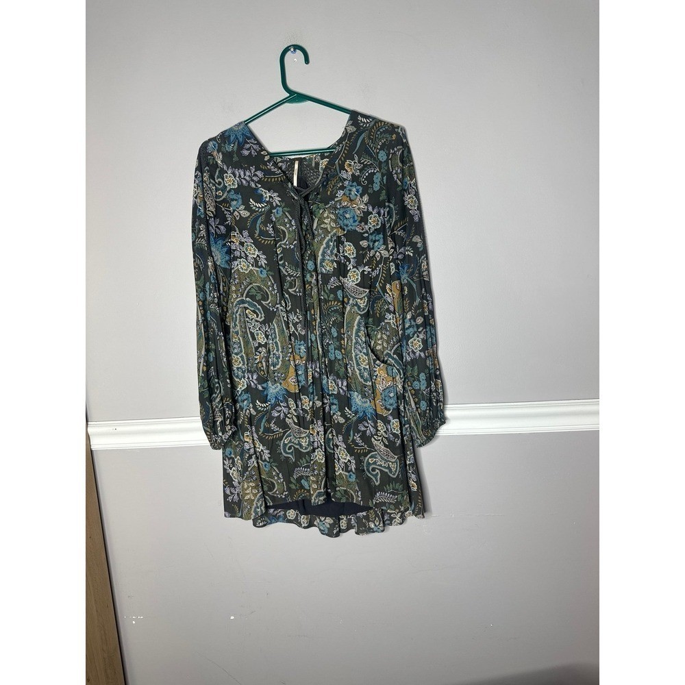 Free People Mini Dress Boho Baby Doll Lined Moss green S/P Peasant Flowy 80s