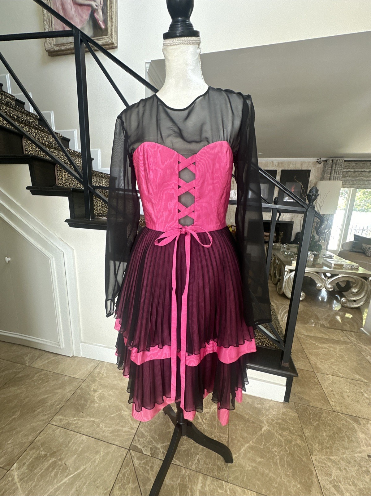Guy Laroche 80s Pink Moire & Black Chiffon Corseted Tiered Pleated Dress 40