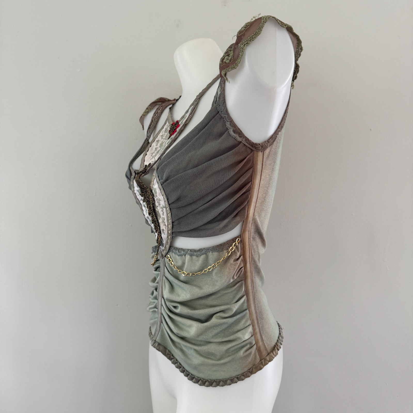 Y2K vtg CIGANA Lace Chain HANDMADE Corset Slip CUT-OUT Upcycled Tank Top Gypsy M