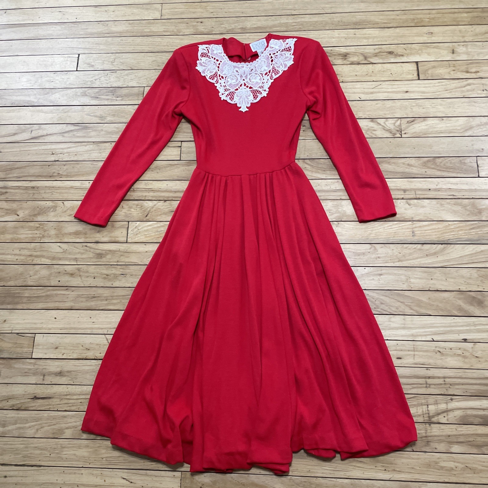 Expo Petite Vintage 1980’s Lace Trim Red Praire Dress Women 4 Wool Zip Made USA