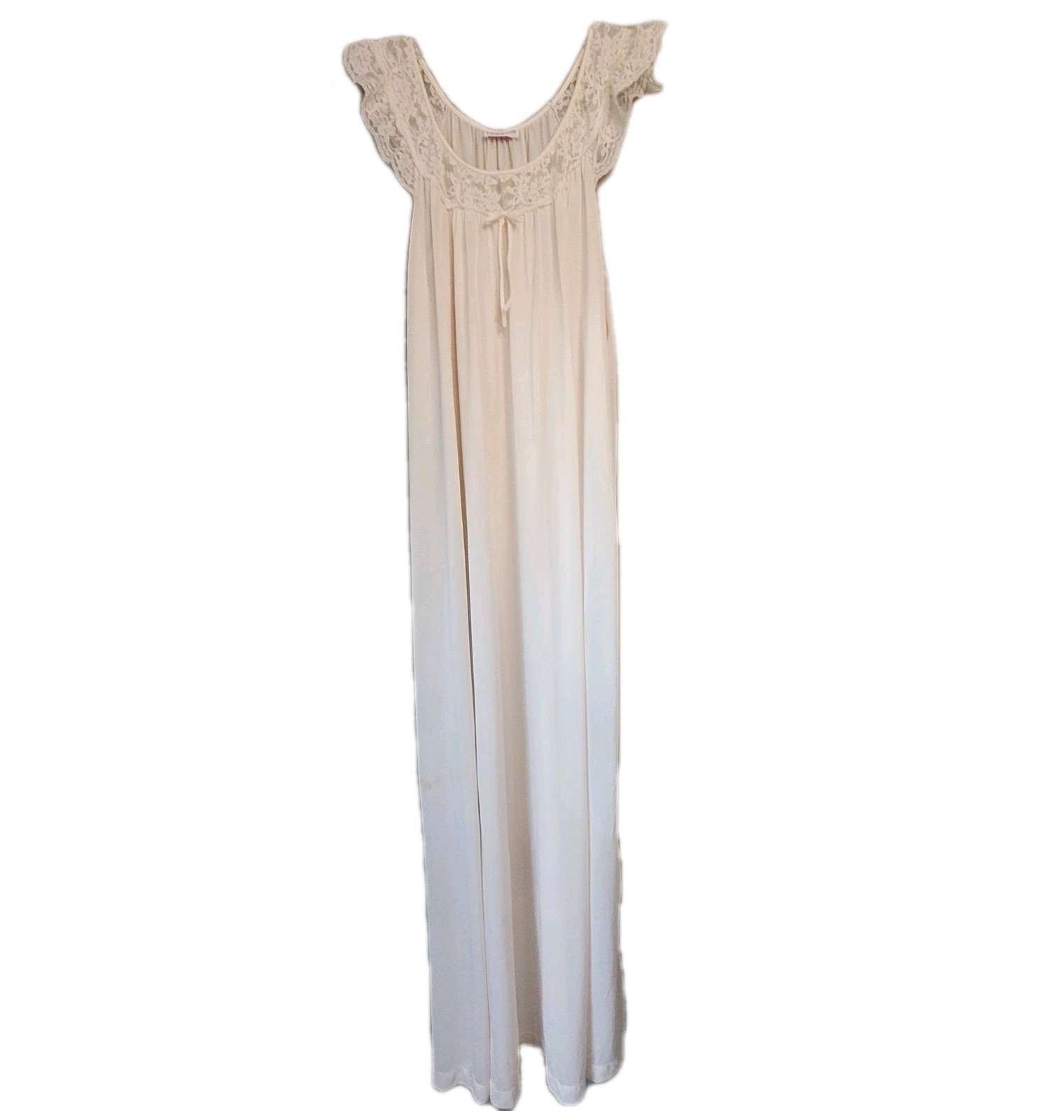 Vintage Heiress Cream Liquid Satin Nightgown Lace Flutter Sleeve Flawed As-Is M