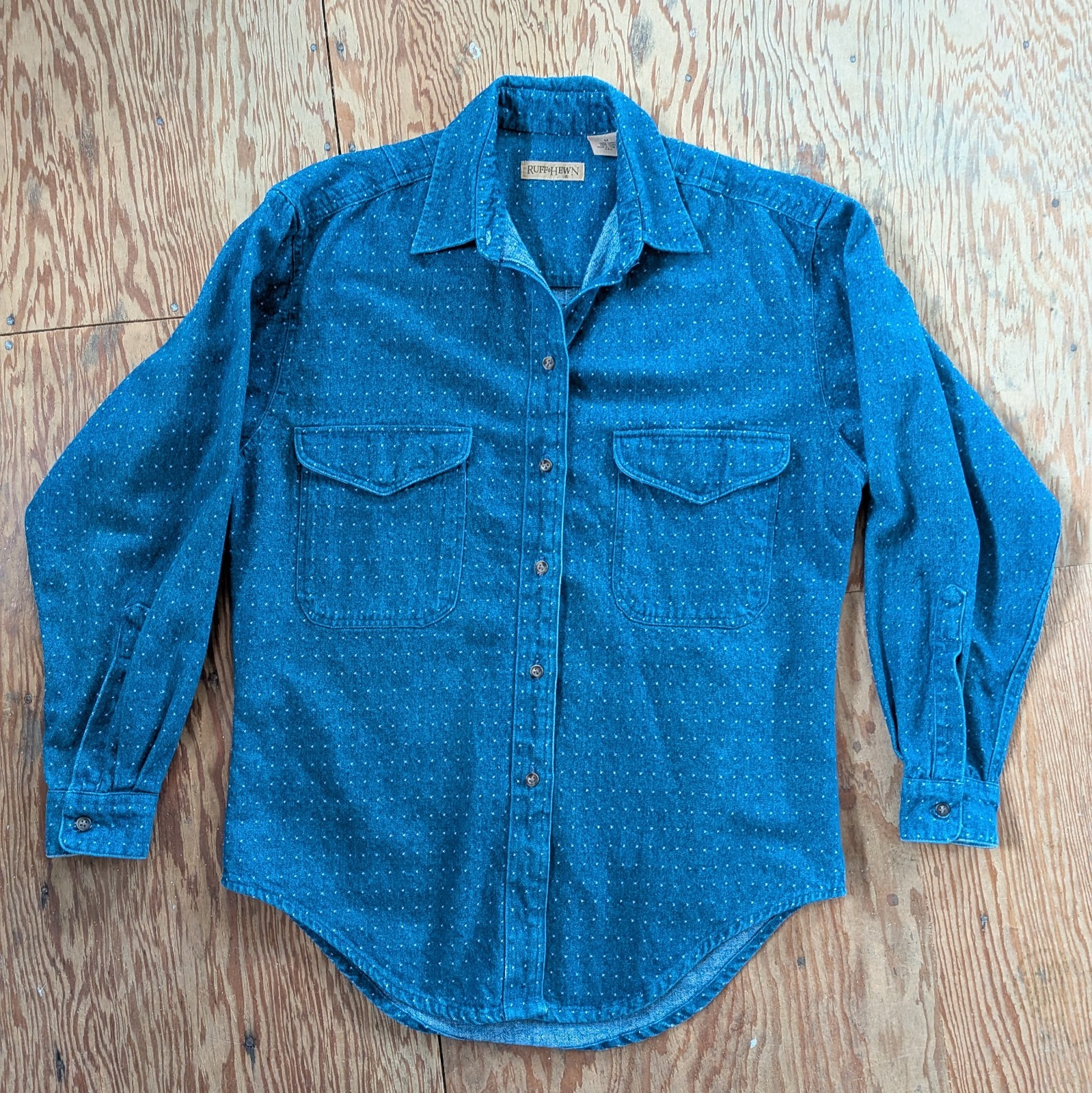 Vtg 90s Ruff Hewn Micro Dot Denim Shirt Womens Medium Made in USA Workwear