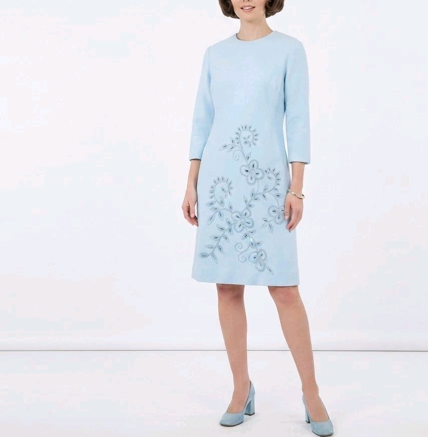 Vintage Blue 60s Dress XL Embroidered Retro Hippy Boho Terylene Jackie O Mod 70s