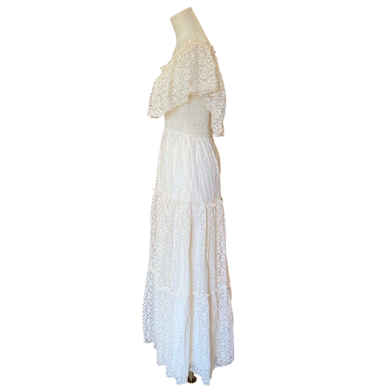 Vintage 70s Candi Jones Ivory Lace Maxi Dress Smocked Prairie Boho Wedding Small