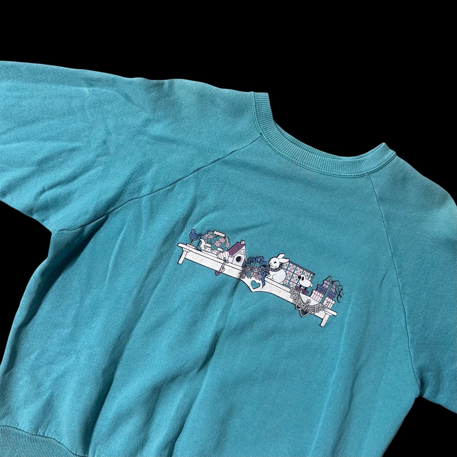 Vintage 90s Teal Sweatshirt Bunny Floral Shelf Size Large Cottage Granny READ