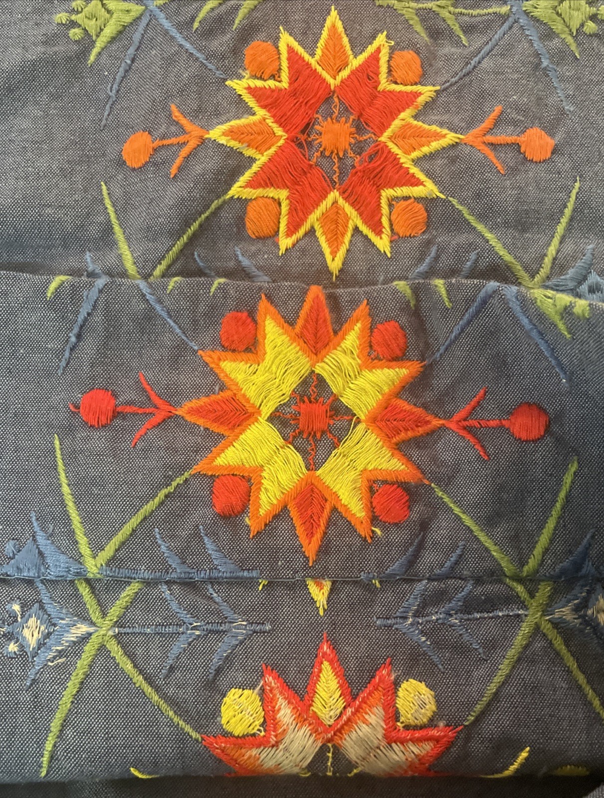 Vintage 60s 70s Katz Shift Dress Chambray Nordic Sunburst Embroidery 34 EUC
