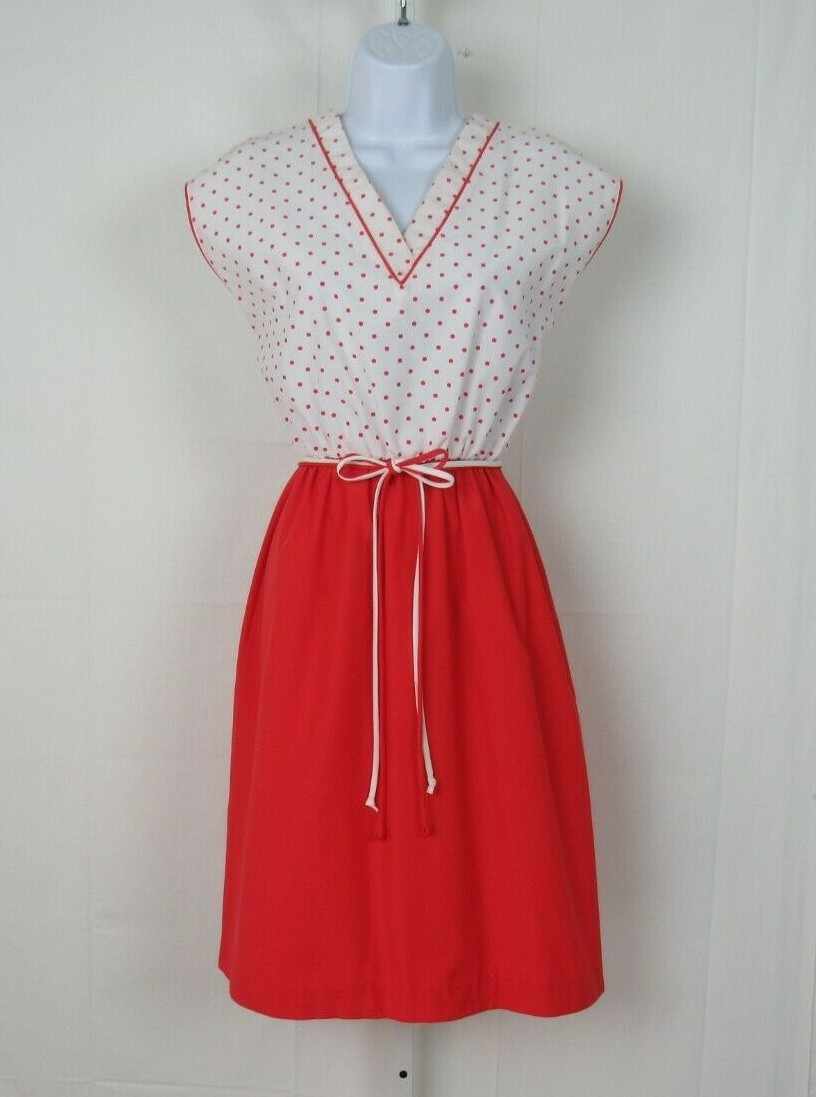 VTG 1970s SANSAGE DRESS & BELT RED WHITE POLKA DOTS BELT COTTON BLEND