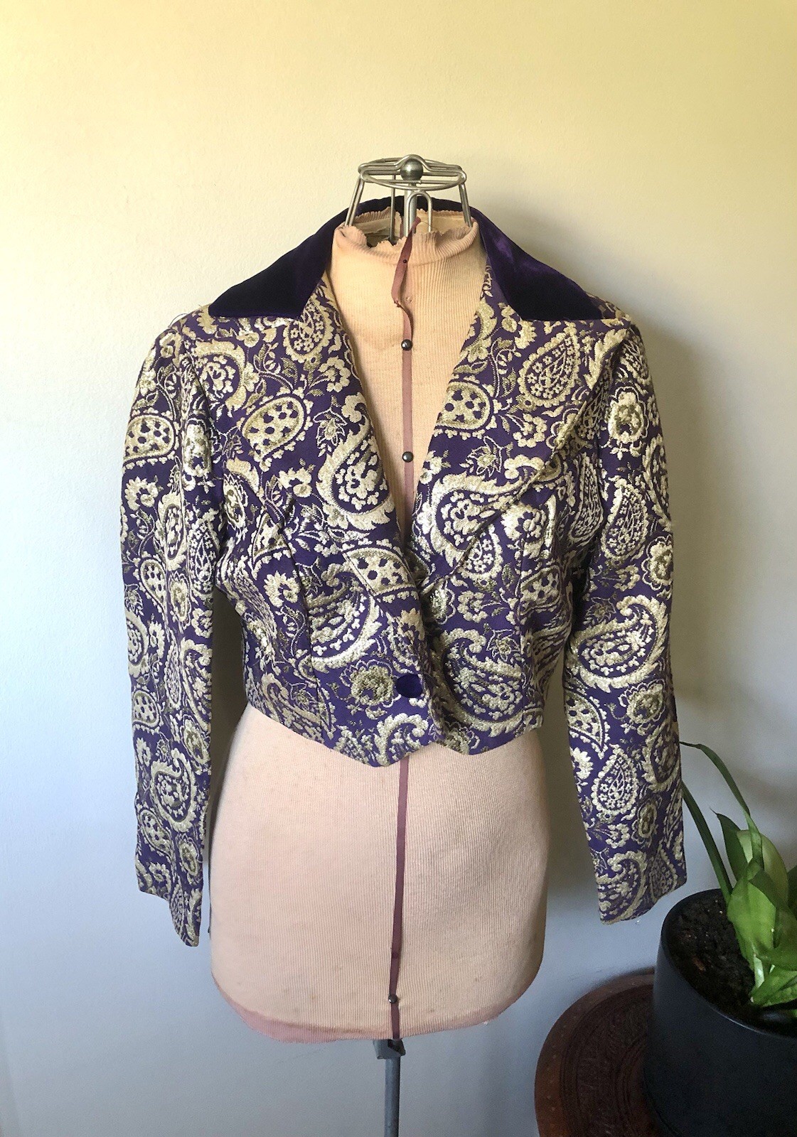 Royal Purple & Gold Metallic Paisley Brocade Cropped Jacket