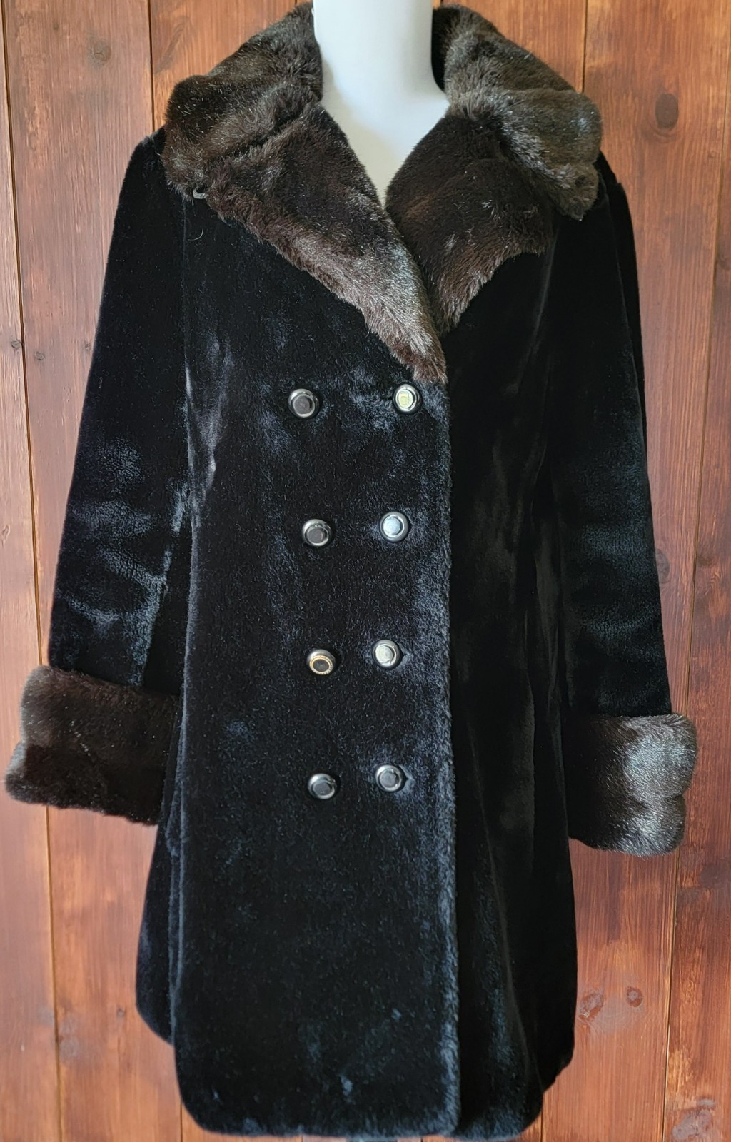Vintage Mid Century Luxury Borgazia Large Faux Fur Coat Black Brown Cuffs Collar