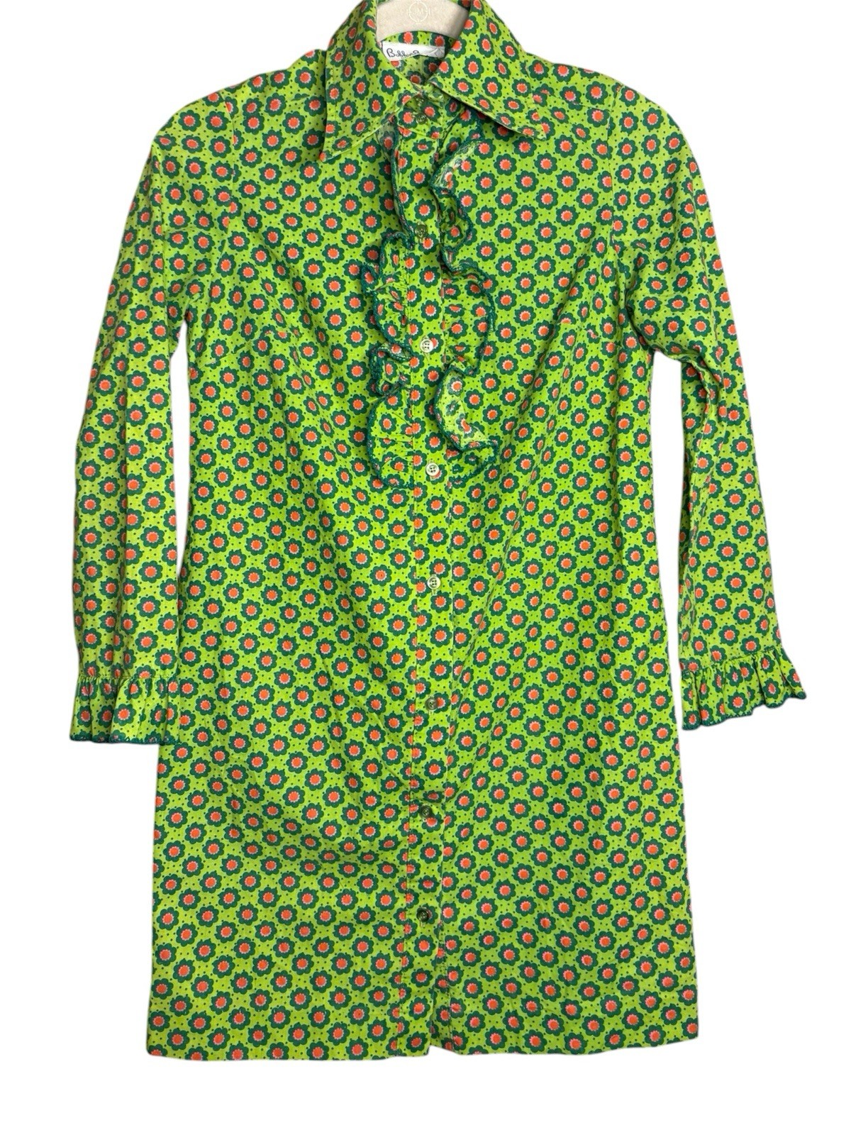 Vtg Bobbie Brooks Lime Green Floral Button Down Shift Dress Micro Mini Dress 2XS