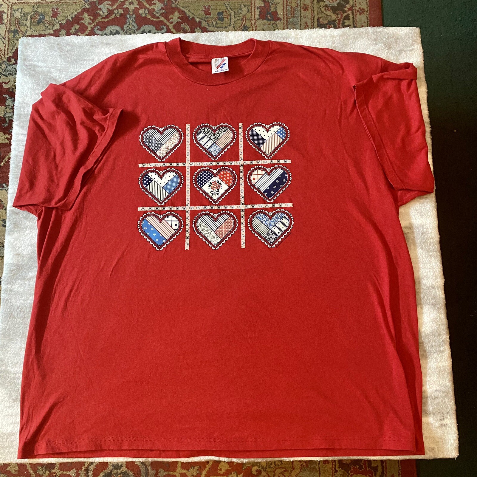 VTG 90s T-Shirt Country Hearts Quilts Red XXXL Plus Size Jerzees Cute Made USA