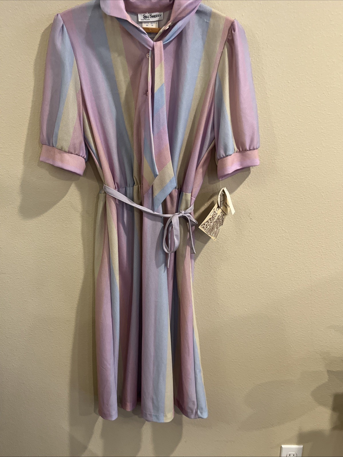 Vtg Pin Up Rockabilly Belted Pastel Stripe Dress Fit Flare Retro Med/L Swing USA