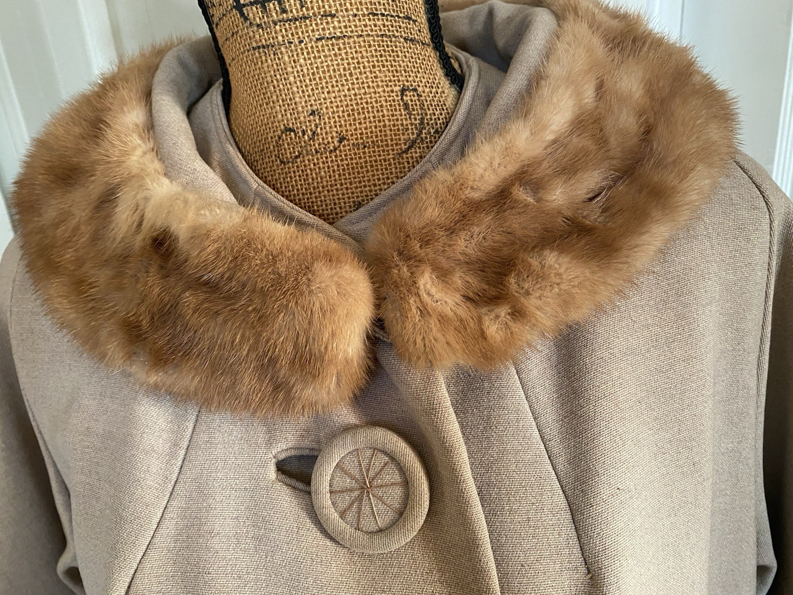 Vintage 1950s Tan Wool Swing Coat Real Mink Fur Collar Cuffs 46” Bust Nice!!!