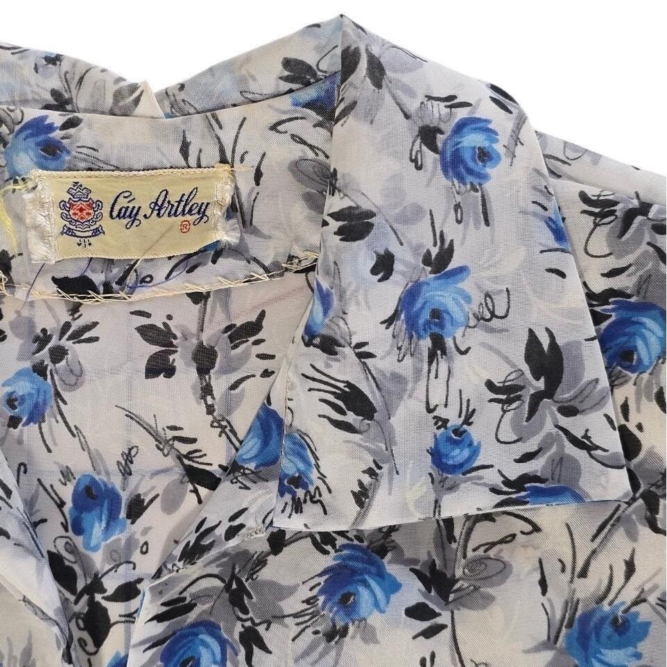 VTG Cay Artley Blue Floral Shirtwaist Dress Pleated Mid Century Rockabilly MEZ