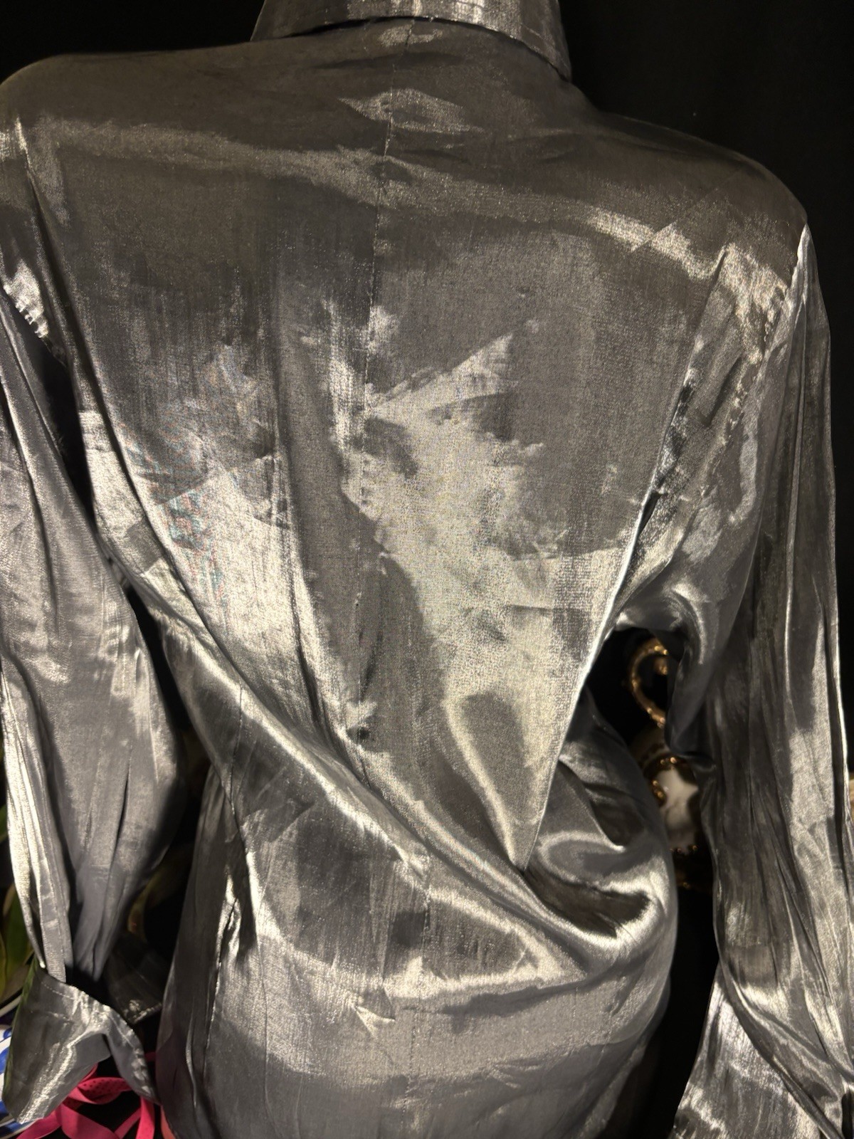 Vtg Satin Secretary Office Button Up Notch Silver Office Blouse L XL 44″