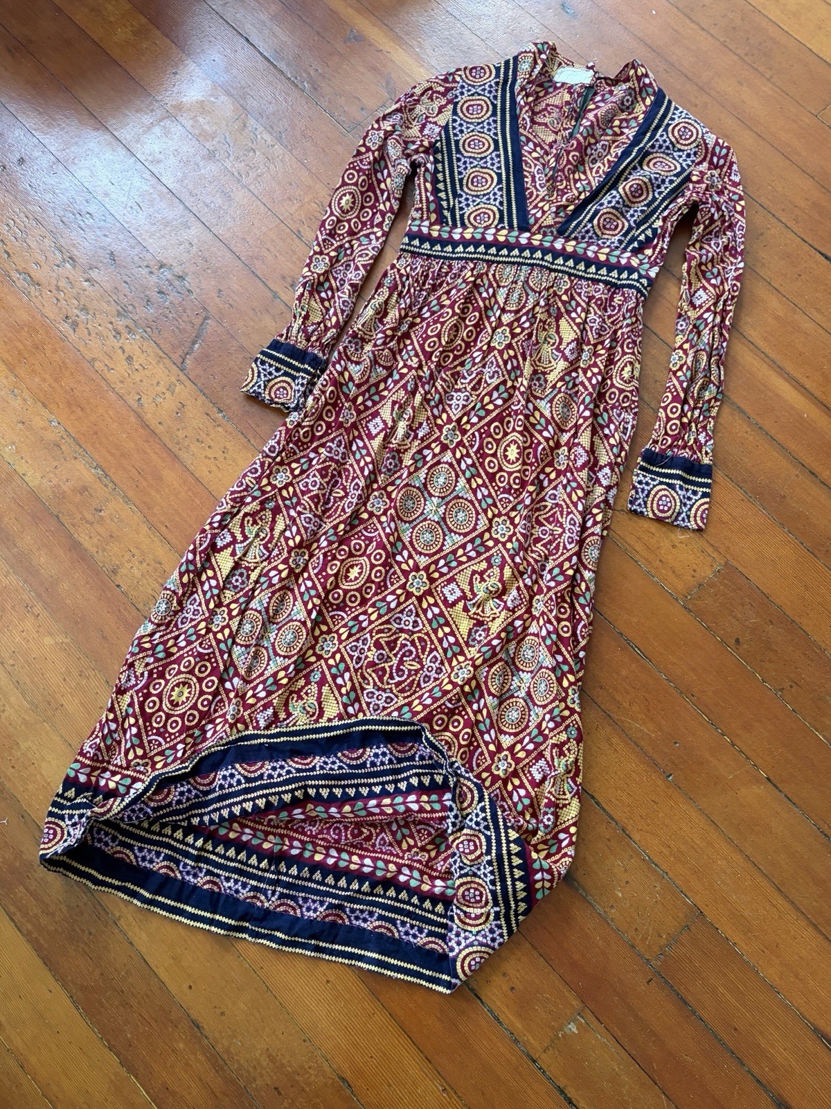 60s 70s Artisan Printed Pakistani Cotton Boho Hippie Empire Waist Maxi Dress XS