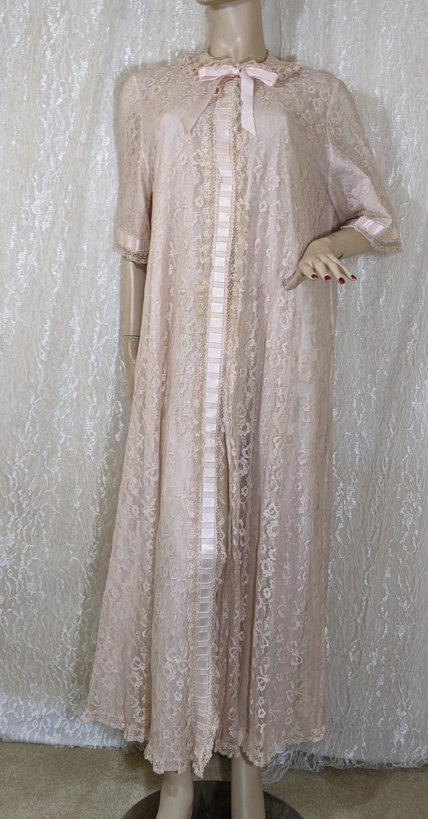 VTG Odette Barsa Lace Overlay Pocket Pink Peter Pan Collar Dressing Gown Robe L