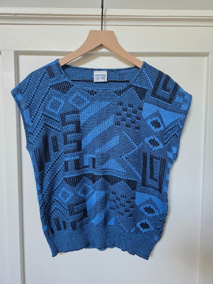 Vintage 80s Barry & Me Geometric Knit Sweater Vest Abstract Boxy Top Made in USA