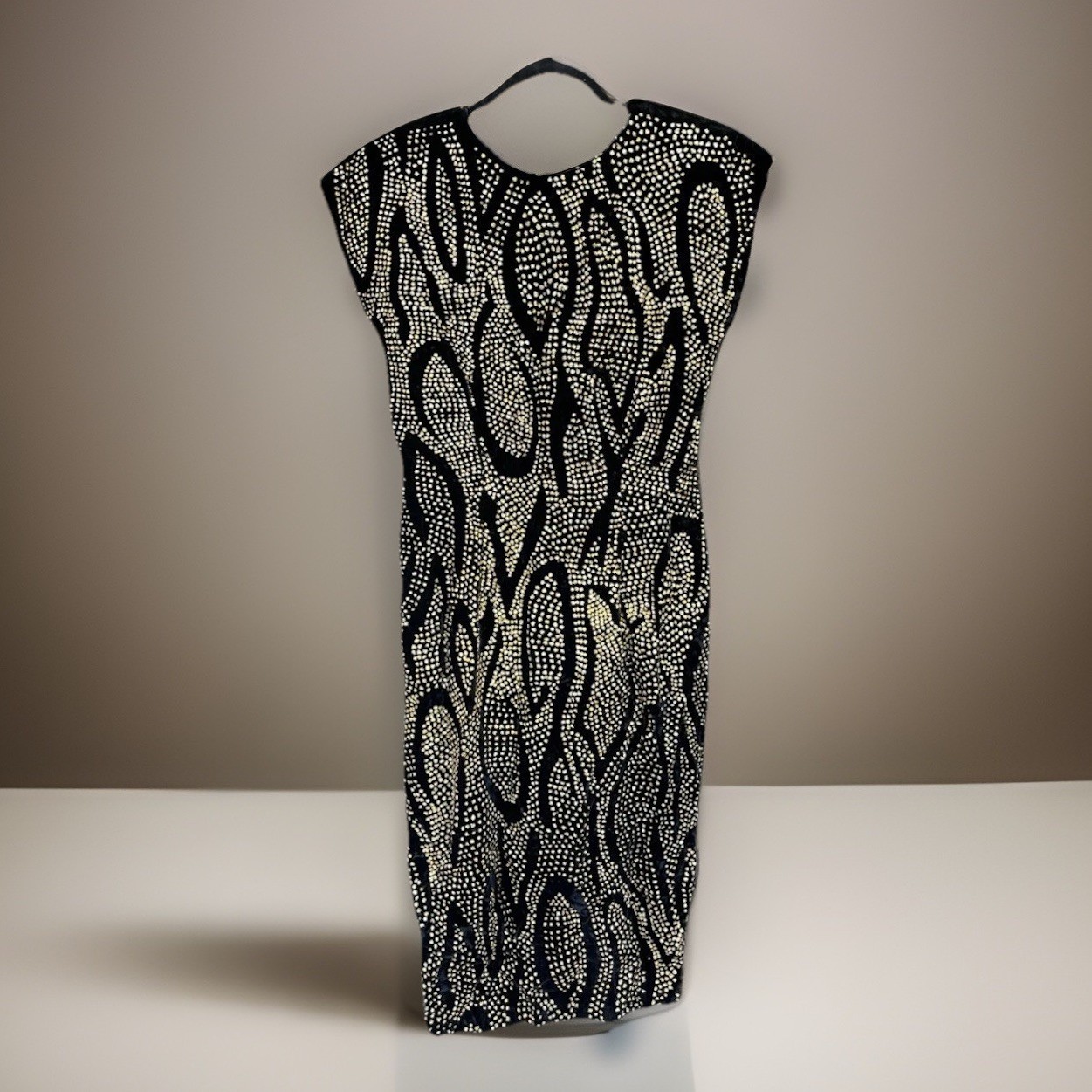80s ECO Wiggle Dress Women’s 9 Golden Sparkle Black Velvet Art Deco Sexy Glam