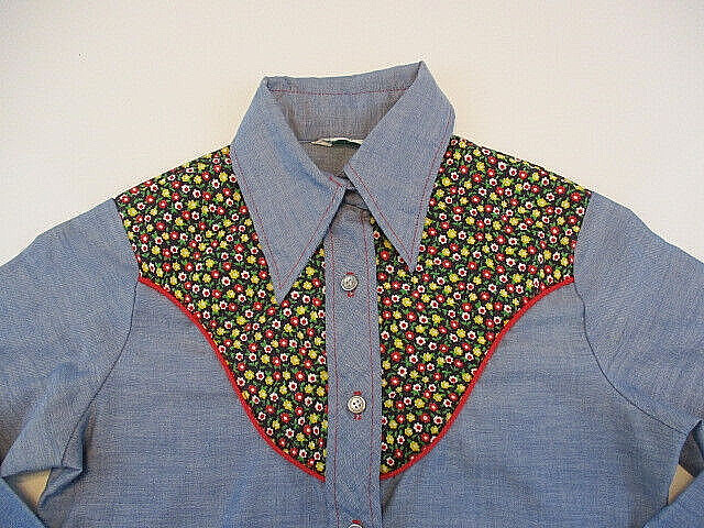 VTG 1970s Junior 7 Cowgirl Western Ranch Blue Shirt Floral Shoulders L/S Sears