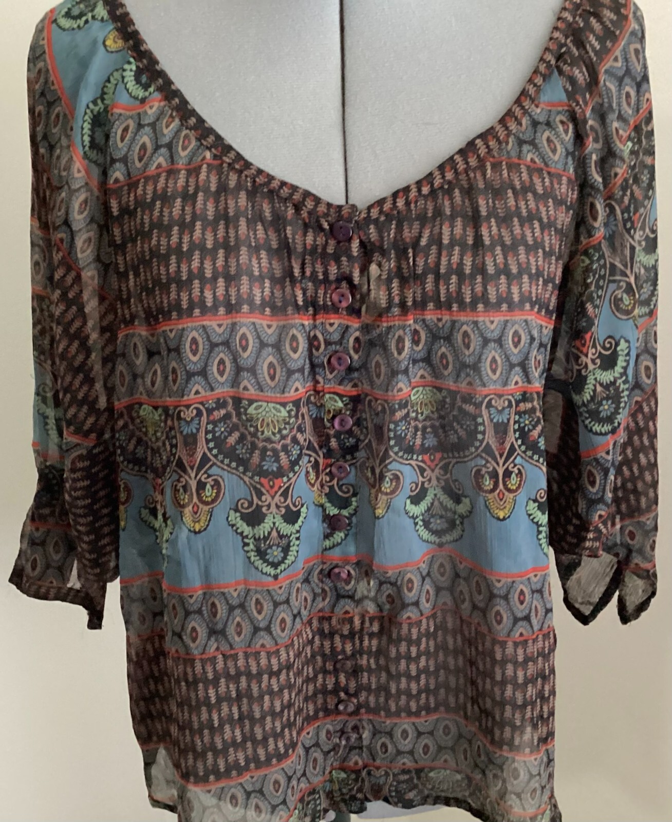 VTG Passport Pier 1 black teal pattern scoop v neck button sheer BOHO 3/4 sleeve