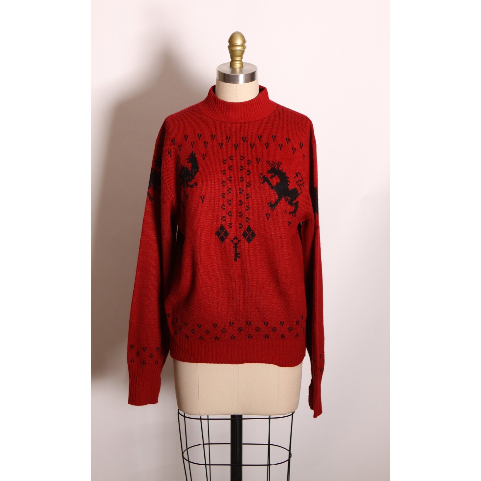 1960s Dark Red Black Novelty Mythical Phoenix Griffith Sweater by Puritan