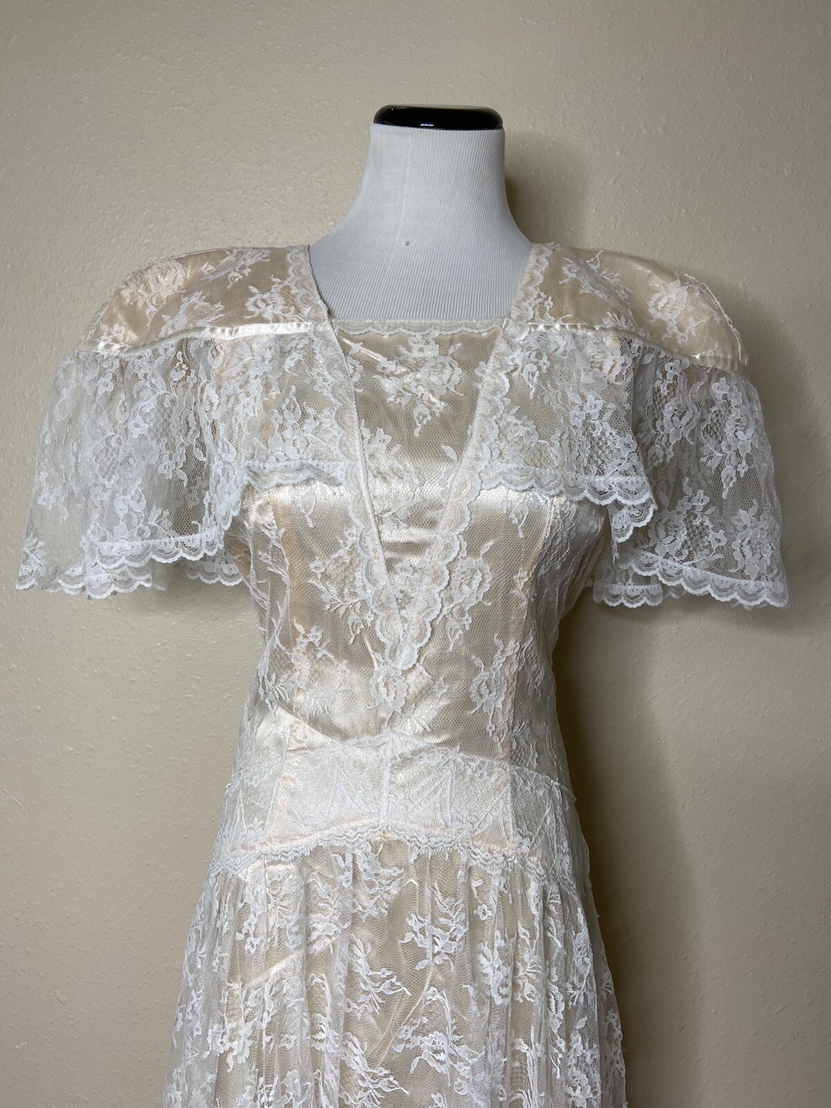 Jessica McClintock Gunne Sax Champagne White Lace Drop Waist Sz 5 Cottagecore