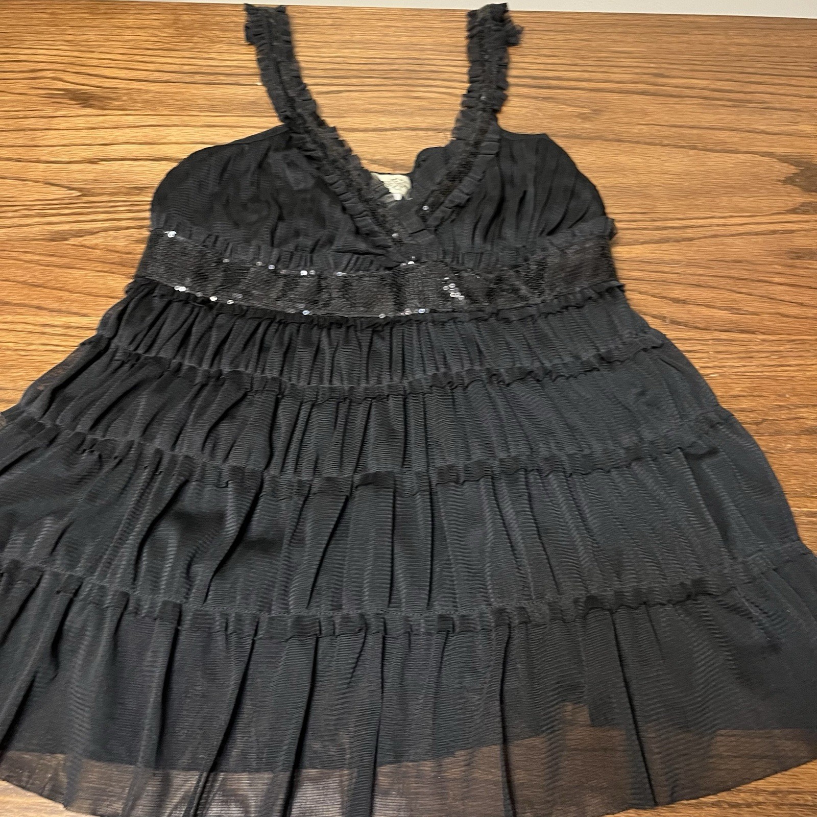 Women’s Babydoll Sequin Tiered Mesh Camisole Whimsy Goth Dark Coquette S Black