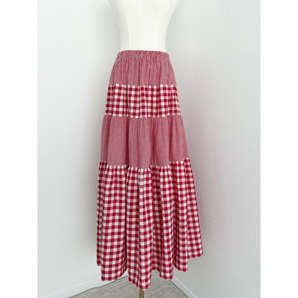 Vtg Red Gingham Plaid Patchwork Tiered Maxi Skirt Cottagecore Prairie Boho (S-L)
