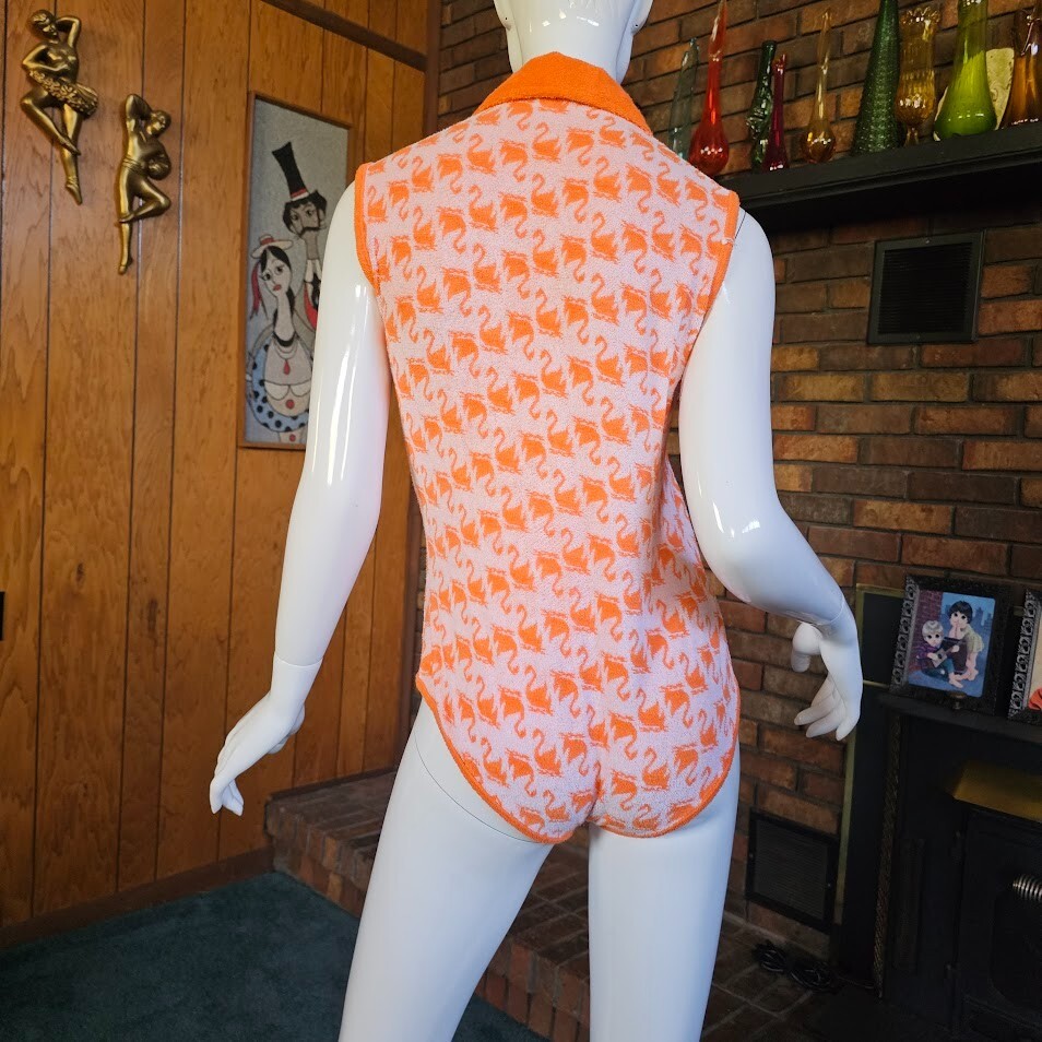 Vtg 70s Mod Go Go Terry Bodysuit Novelty Loch Ness Print Hot Pants Playsuit S/M