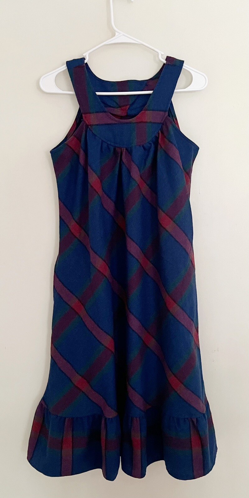 Vtg BETSY’S THINGS Wool Jumper Dress XS Blue Pink Green w/Pockets Academia