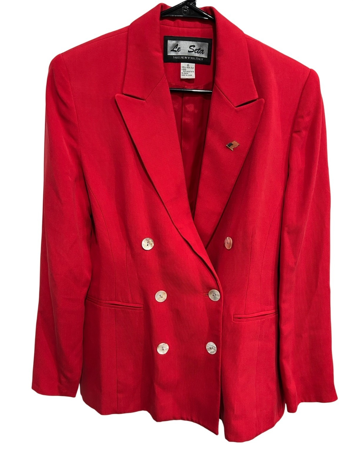 Le Seta Red 100% Silk Double Breasted Blazer Size 10 Statement Style Scholarcore