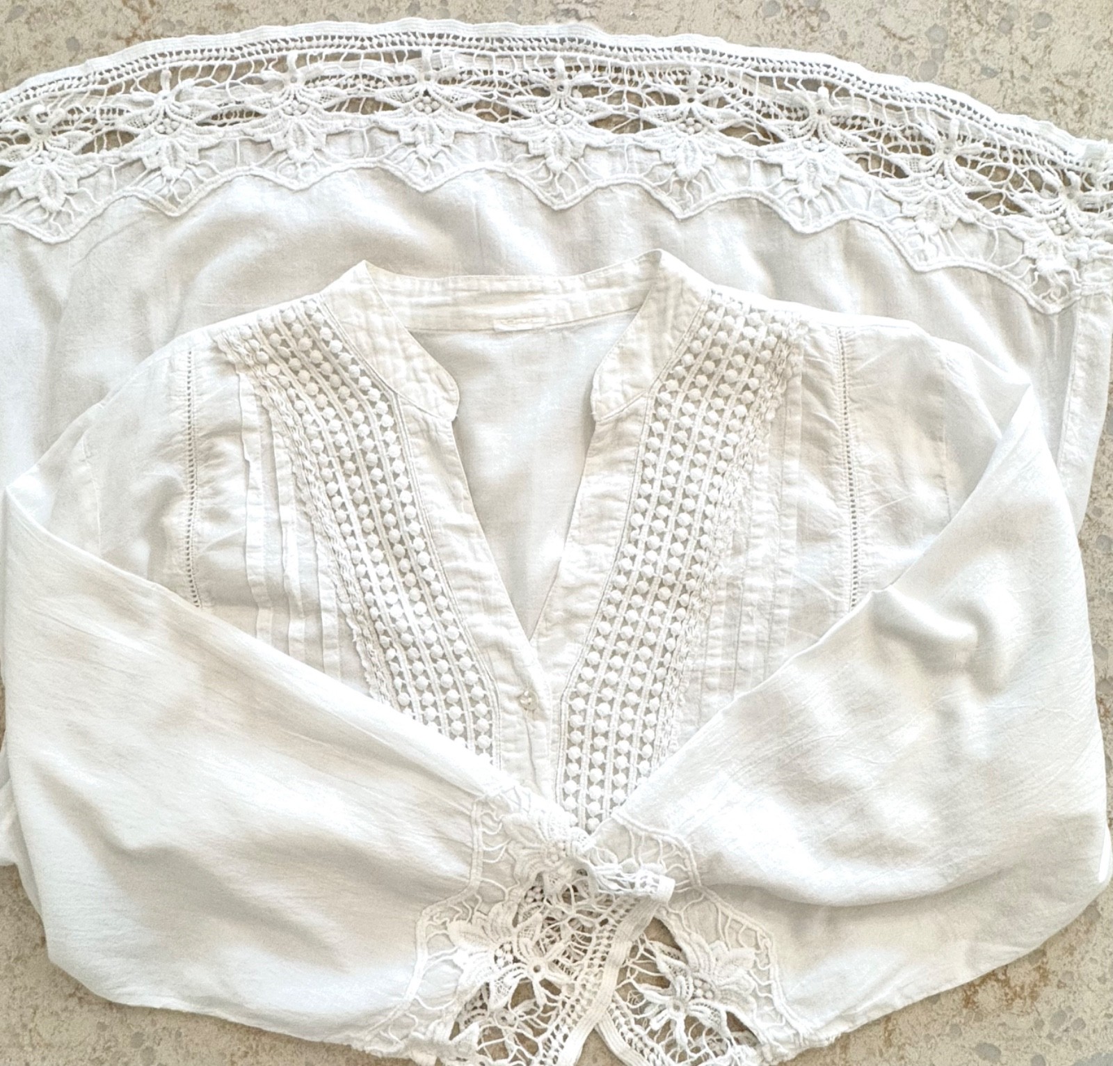 Vintage Woman’s, Size L, White Cotton Boho Tunic Crocheted Bodice Cuffs & Hem