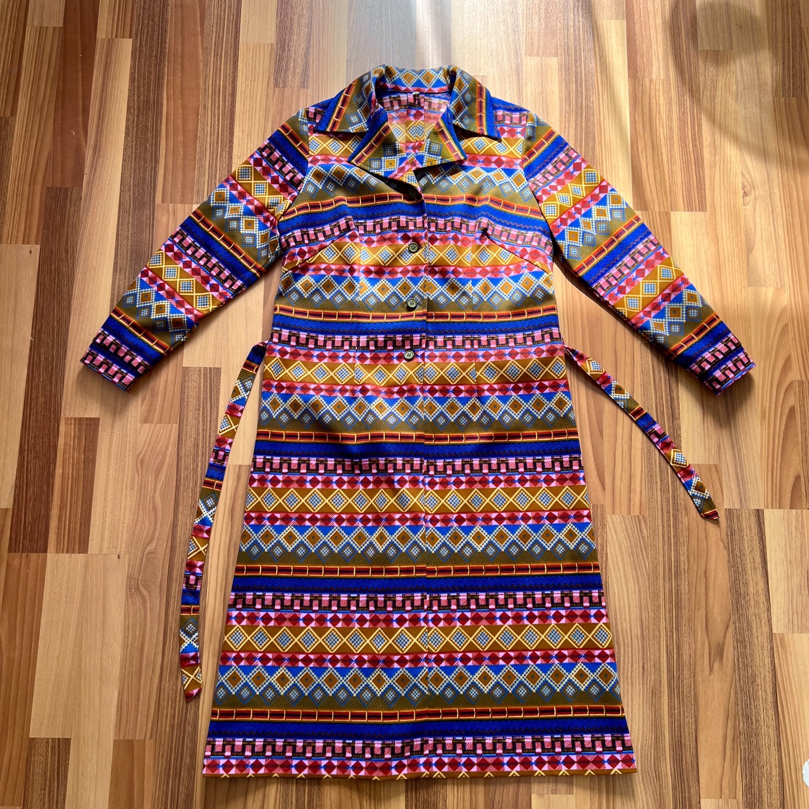 1970s Geometric Mod Shirt Dress Long Sleeves Midi Psychedelic Boho Folk Hippie