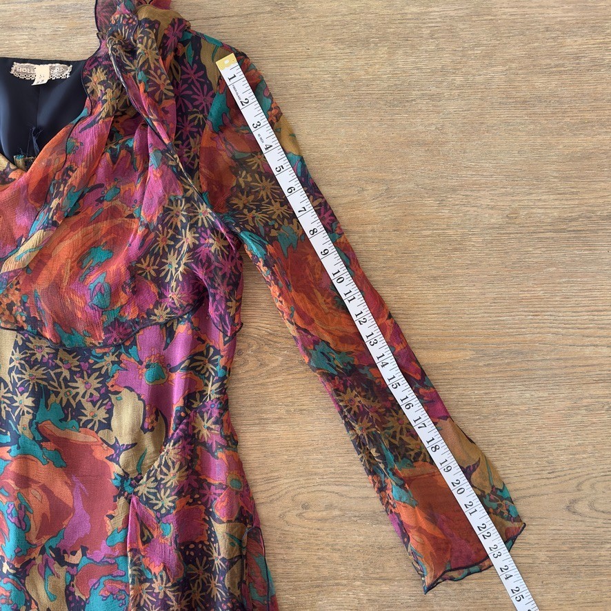 VTG Holly Harp 100% Silk Chiffon Tiered Ruffle Long Sleeve Floral Dress-Size Med