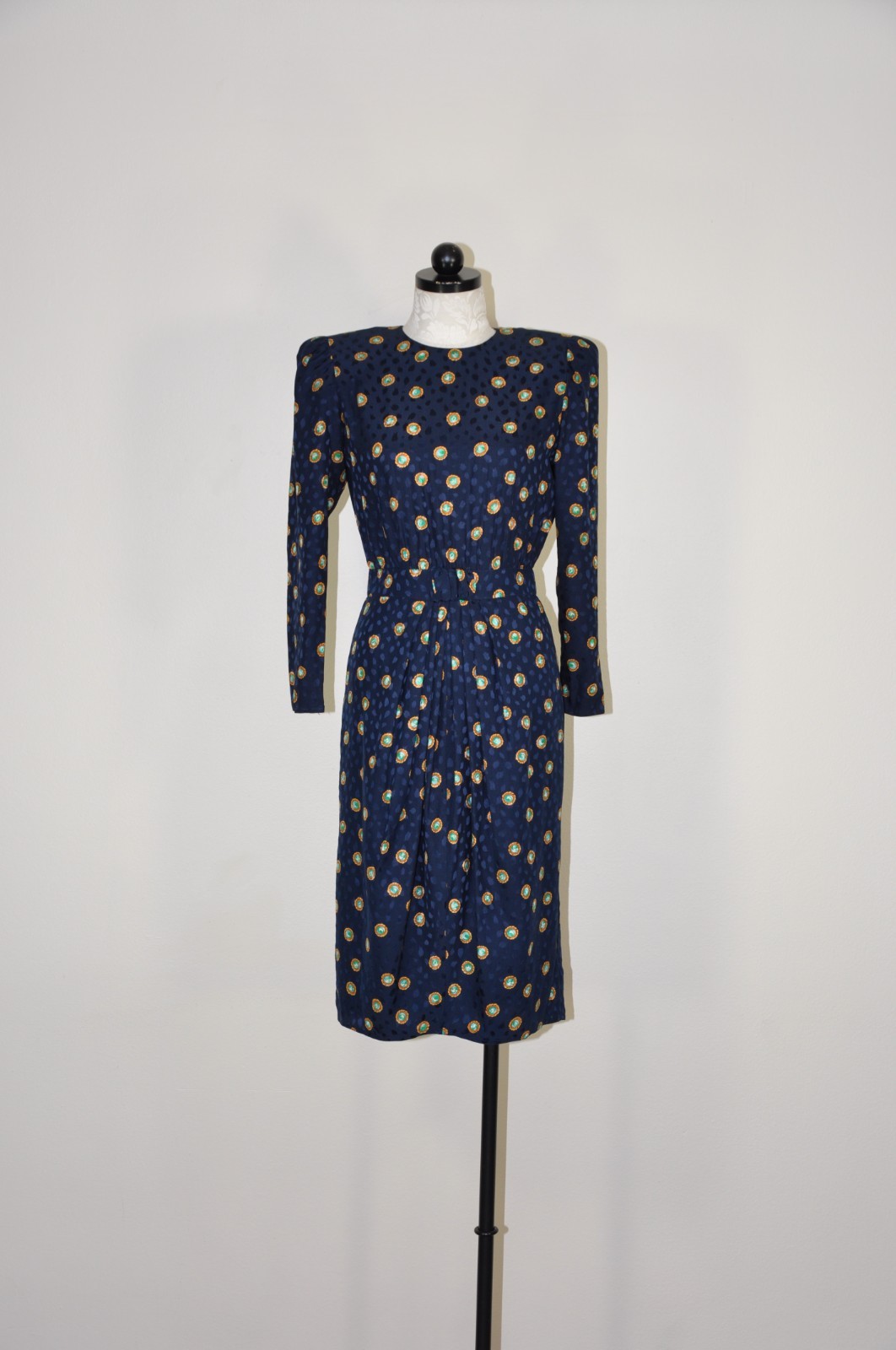 80s Vintage Navy Blue Silk Gemstone Print Puff Sleeve Back Buttons Dress Women S